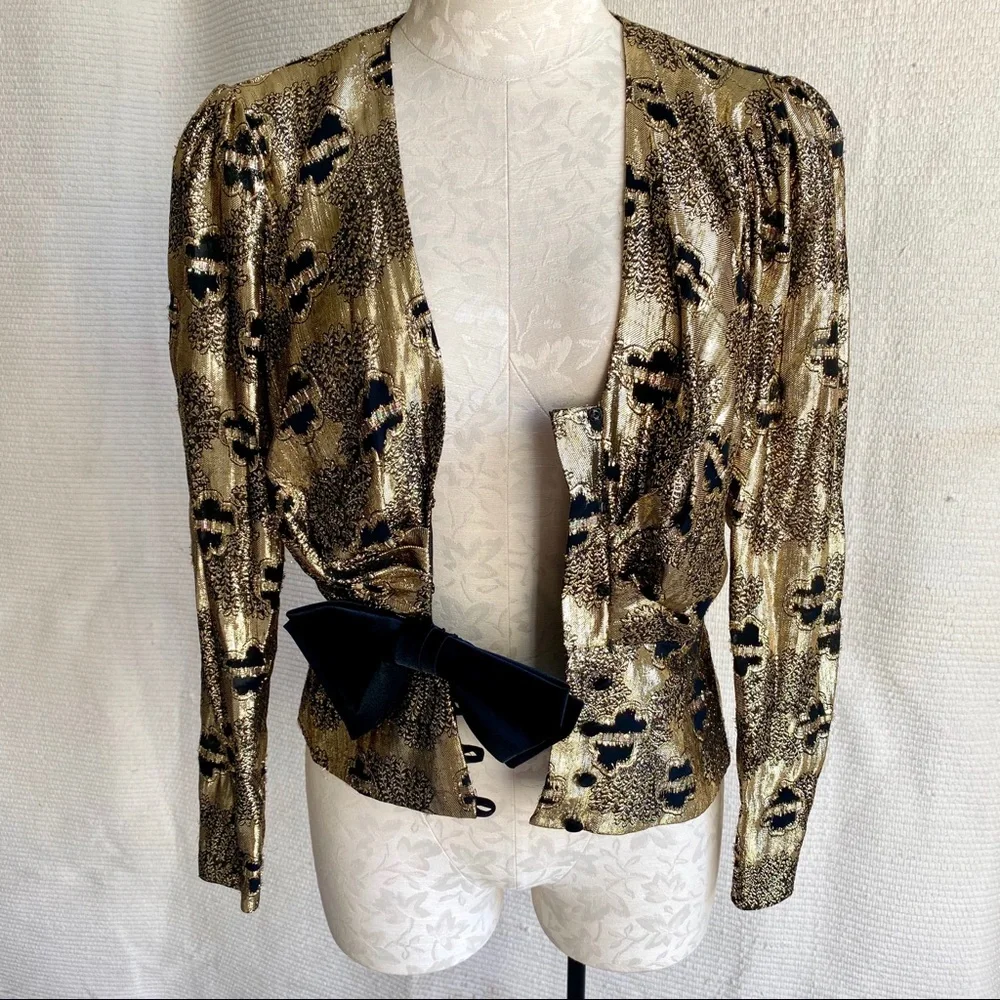 Vintage 60s 70s Metallic Top S Disco Party Blouse Black Gold Print - Picture 6 of 8